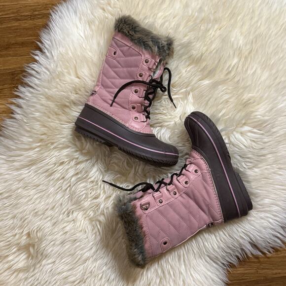 London Fog Girls Fulham Lace Up Snow Duck Boot Brown Pink Faux Fur Size 1 - Picture 2 of 9